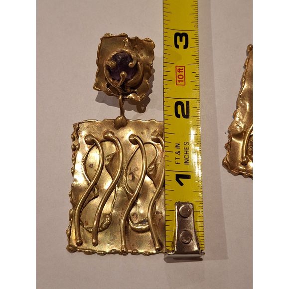 Brutalist Designer Handmade Clip On Earrings Brass and Raw Amethyst Ernandes - Picture 16 of 16